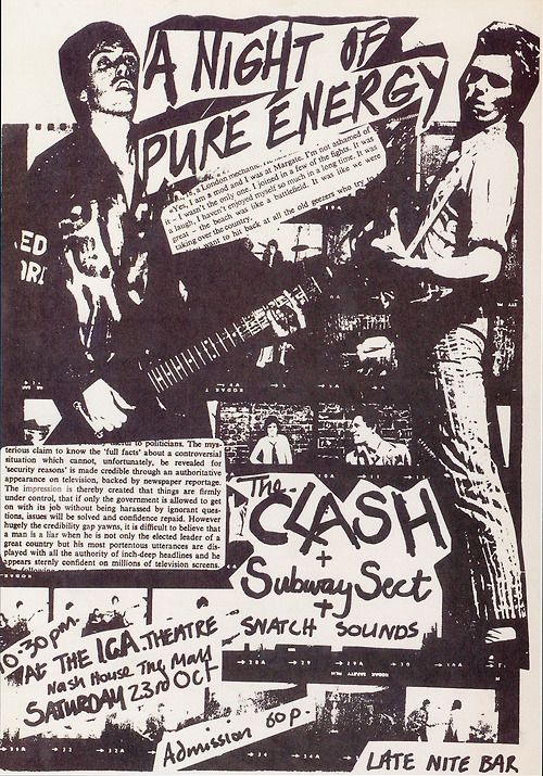A photo of a black and white flyer. The main title reads 'A night of pure energy' and the rest of the page contains a mix of pictures of guitarists interleaved with other text snippets, some seemingly taken from a professional publication of some kind, and some handwritten to announce concert night dates, presumably for the musicians in the picture.
